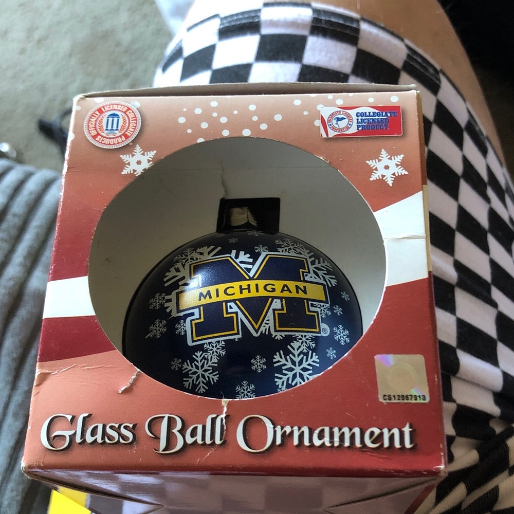 MICHI Navy Blue Glass Ball Ornament with Michigan Logo